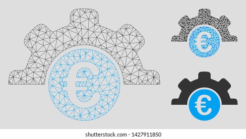 Mesh Euro technology model with triangle mosaic icon. Wire frame triangular network of Euro technology. Vector mosaic of triangle parts in different sizes, and color tinges.