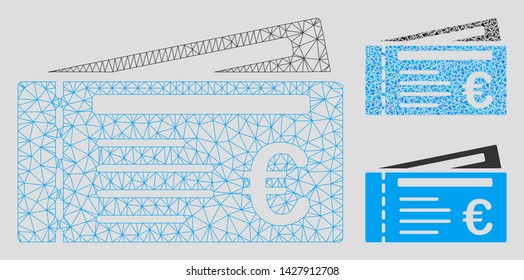 Mesh Euro tickets model with triangle mosaic icon. Wire carcass polygonal mesh of Euro tickets. Vector mosaic of triangle parts in variable sizes, and color shades. Abstract flat mesh Euro tickets,
