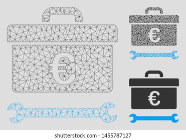 Mesh Euro toolbox model with triangle mosaic icon. Wire frame triangular network of Euro toolbox. Vector mosaic of triangle elements in variable sizes, and color shades.