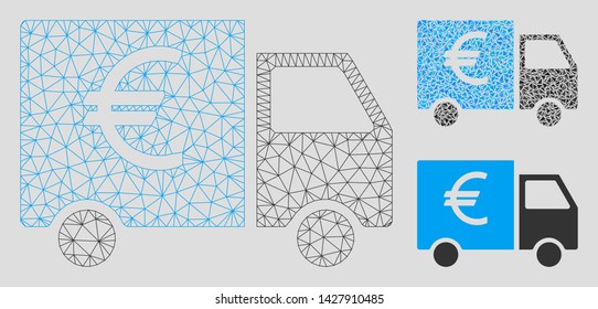 Mesh Euro truck model with triangle mosaic icon. Wire carcass polygonal network of Euro truck. Vector mosaic of triangles in different sizes, and color tones. Abstract flat mesh Euro truck,
