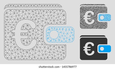 Mesh Euro wallet model with triangle mosaic icon. Wire carcass triangular mesh of Euro wallet. Vector mosaic of triangle elements in various sizes, and color hues. Abstract flat mesh Euro wallet,