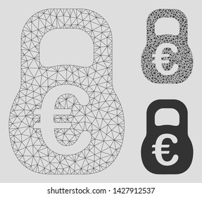 Mesh Euro weight model with triangle mosaic icon. Wire carcass polygonal mesh of Euro weight. Vector mosaic of triangle parts in variable sizes, and color shades. Abstract flat mesh Euro weight,