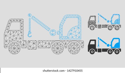 Mesh evacuator car model with triangle mosaic icon. Wire frame triangular mesh of evacuator car. Vector composition of triangle elements in various sizes, and color tinges.