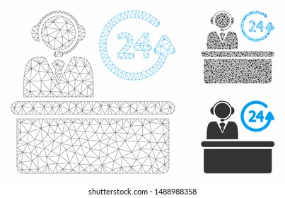 Mesh everytime support desk model with triangle mosaic icon. Wire carcass polygonal mesh of everytime support desk. Vector mosaic of triangle elements in various sizes, and color shades.