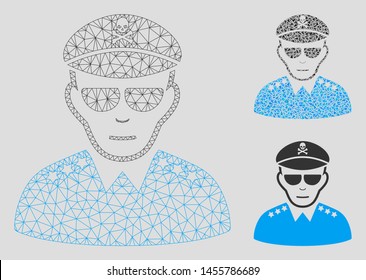 Mesh evil army general model with triangle mosaic icon. Wire frame polygonal mesh of evil army general. Vector composition of triangle elements in variable sizes, and color tints.
