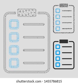 Mesh examination list model with triangle mosaic icon. Wire frame triangular mesh of examination list. Vector mosaic of triangle parts in variable sizes, and color tints.