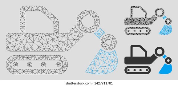 Mesh excavator model with triangle mosaic icon. Wire frame polygonal mesh of excavator. Vector mosaic of triangle elements in various sizes, and color tinges. Abstract flat mesh excavator,