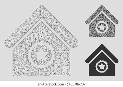 Mesh excellent building model with triangle mosaic icon. Wire frame polygonal mesh of excellent building. Vector mosaic of triangle elements in various sizes, and color tones.