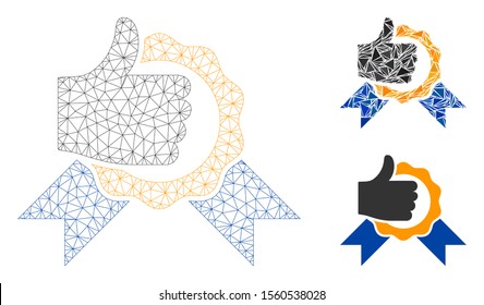 Mesh excellent model with triangle mosaic icon. Wire carcass triangular mesh of excellent. Vector mosaic of triangle elements in different sizes, and color hues. Abstract flat mesh excellent,