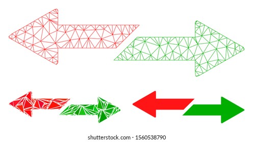 Mesh exchange arrows model with triangle mosaic icon. Wire carcass polygonal mesh of exchange arrows. Vector collage of triangle parts in various sizes, and color tinges.