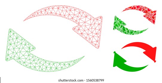 Mesh exchange model with triangle mosaic icon. Wire carcass triangular mesh of exchange. Vector mosaic of triangle elements in different sizes, and color tints. 