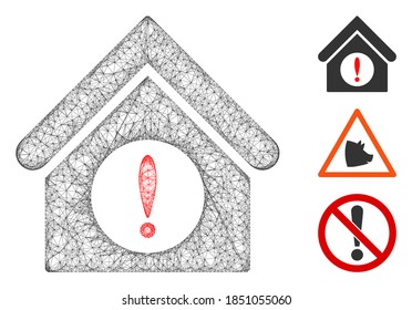 Mesh exclamation building polygonal web 2d vector illustration. Model is based on exclamation building flat icon. Triangular network forms abstract exclamation building flat model.