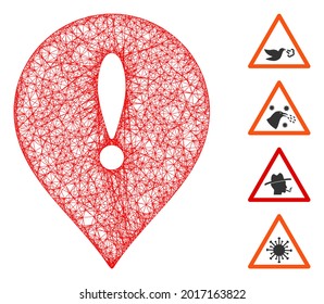 Mesh exclamation marker web icon vector illustration. Carcass model is based on exclamation marker flat icon. Network forms abstract exclamation marker flat model.