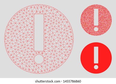 Mesh exclamation model with triangle mosaic icon. Wire carcass polygonal mesh of exclamation. Vector mosaic of triangles in various sizes, and color tones. Abstract 2d mesh exclamation,