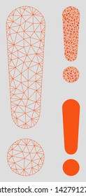 Mesh exclamation sign model with triangle mosaic icon. Wire frame triangular mesh of exclamation sign. Vector mosaic of triangle parts in various sizes, and color shades.