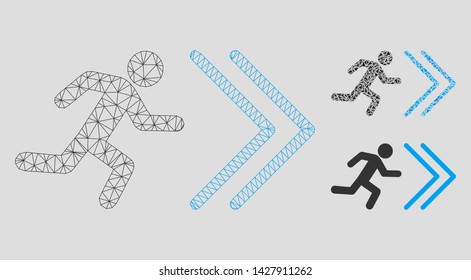 Mesh exit direction model with triangle mosaic icon. Wire frame polygonal mesh of exit direction. Vector mosaic of triangle parts in various sizes, and color tinges. Abstract 2d mesh exit direction,