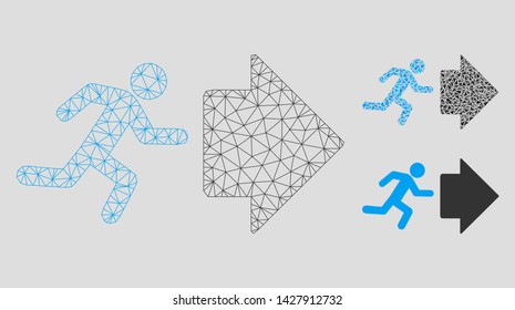 Mesh exit direction model with triangle mosaic icon. Wire frame polygonal mesh of exit direction. Vector mosaic of triangle elements in various sizes, and color tints. Abstract 2d mesh exit direction,
