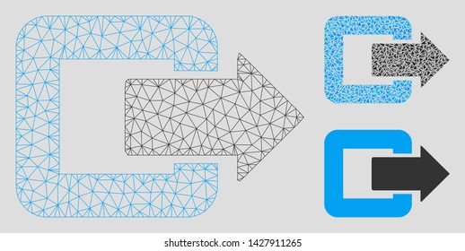 Mesh exit door model with triangle mosaic icon. Wire carcass polygonal network of exit door. Vector mosaic of triangle elements in variable sizes, and color hues. Abstract flat mesh exit door,