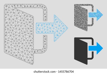 Mesh exit door model with triangle mosaic icon. Wire carcass polygonal mesh of exit door. Vector mosaic of triangle parts in variable sizes, and color tinges. Abstract flat mesh exit door,