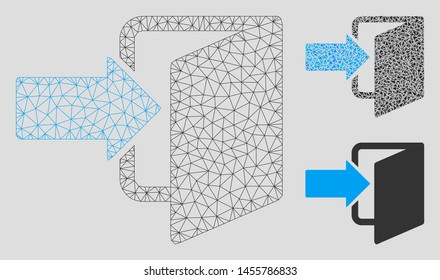 Mesh exit door model with triangle mosaic icon. Wire carcass polygonal mesh of exit door. Vector collage of triangle parts in different sizes, and color shades. Abstract 2d mesh exit door,