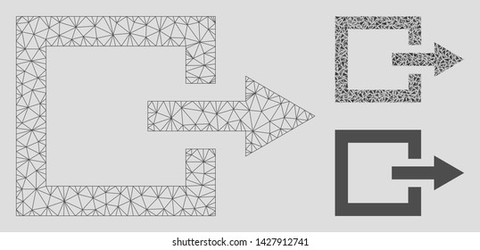 Mesh exit model with triangle mosaic icon. Wire carcass triangular mesh of exit. Vector mosaic of triangles in variable sizes, and color tinges. Abstract 2d mesh exit, created from triangles.
