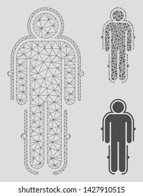 Mesh exoskeleton skafandr model with triangle mosaic icon. Wire carcass polygonal network of exoskeleton skafandr. Vector mosaic of triangle elements in various sizes, and color tinges.
