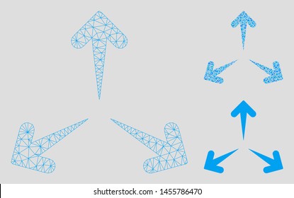 Mesh expand arrows model with triangle mosaic icon. Wire frame polygonal mesh of expand arrows. Vector mosaic of triangle parts in variable sizes, and color hues. Abstract flat mesh expand arrows,