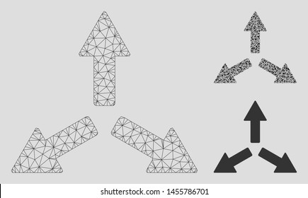 Mesh expand arrows model with triangle mosaic icon. Wire frame polygonal mesh of expand arrows. Vector mosaic of triangle elements in various sizes, and color tints. Abstract 2d mesh expand arrows,