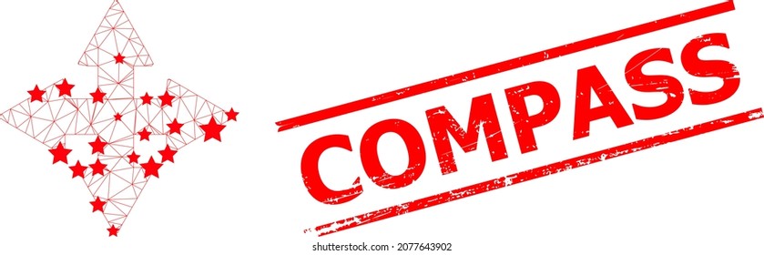 Mesh expand arrows polygonal icon vector illustration, and red COMPASS scratched stamp print. Carcass model is created from expand arrows flat icon, with stars and triangle net.