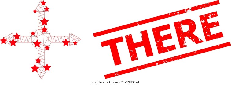 Mesh expand polygonal icon vector illustration, and red THERE textured stamp. Model is created from expand flat icon, with stars and polygonal mesh. THERE tag is between parallel lines.