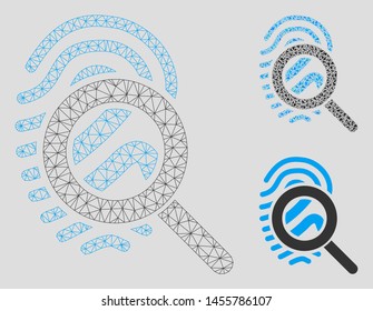 Mesh explore fingerprint model with triangle mosaic icon. Wire frame polygonal mesh of explore fingerprint. Vector mosaic of triangles in various sizes, and color shades.