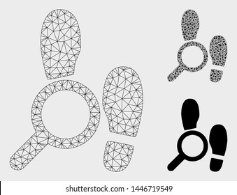 Mesh explore footprints model with triangle mosaic icon. Wire carcass triangular mesh of explore footprints. Vector composition of triangle parts in variable sizes, and color tints.