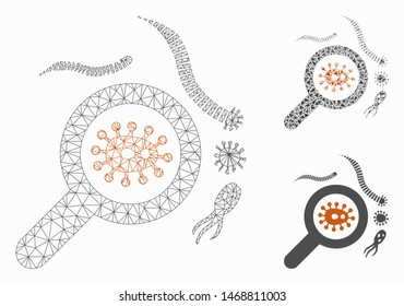 Mesh explore microbes model with triangle mosaic icon. Wire frame triangular mesh of explore microbes. Vector mosaic of triangle parts in variable sizes, and color tints.