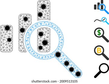 Mesh expore bar chart polygonal symbol vector illustration, with black coronavirus items. Model is created from expore bar chart flat icon, with infection items and polygonal net.