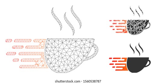 Mesh express coffee model with triangle mosaic icon. Wire carcass polygonal mesh of express coffee. Vector composition of triangle parts in variable sizes, and color tints.
