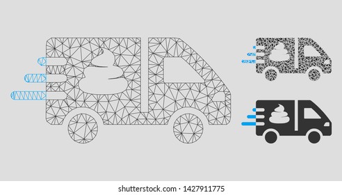 Mesh express manure delivery model with triangle mosaic icon. Wire carcass triangular network of express manure delivery. Vector mosaic of triangle parts in different sizes, and color shades.