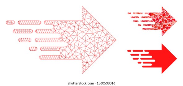 Mesh express right movement model with triangle mosaic icon. Wire carcass polygonal mesh of express right movement. Vector mosaic of triangle elements in different sizes, and color tones.