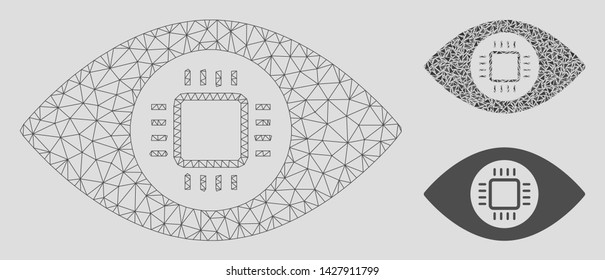 Mesh eye lens processor model with triangle mosaic icon. Wire carcass triangular mesh of eye lens processor. Vector mosaic of triangle parts in different sizes, and color tints.