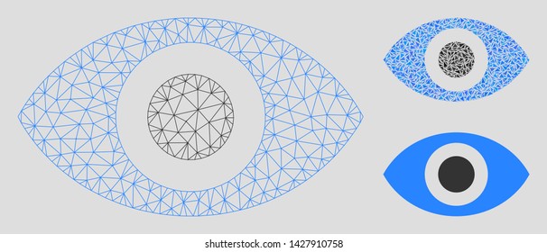 Mesh eye model with triangle mosaic icon. Wire carcass polygonal mesh of eye. Vector mosaic of triangle elements in different sizes, and color tints. Abstract flat mesh eye,