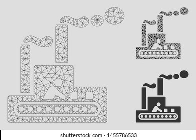 Mesh fabric building model with triangle mosaic icon. Wire frame triangular mesh of fabric building. Vector mosaic of triangle parts in variable sizes, and color tints.