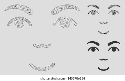 Mesh face model with triangle mosaic icon. Wire carcass triangular mesh of face. Vector mosaic of triangle elements in different sizes, and color hues. Abstract 2d mesh face,