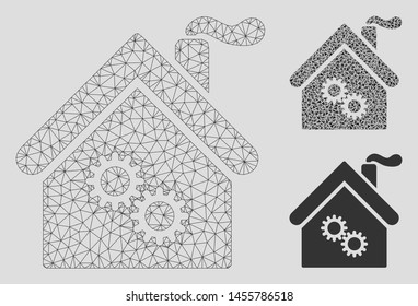 Mesh factory building model with triangle mosaic icon. Wire frame polygonal mesh of factory building. Vector mosaic of triangle parts in variable sizes, and color hues.