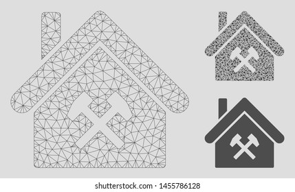 Mesh factory model with triangle mosaic icon. Wire frame polygonal mesh of factory. Vector mosaic of triangle parts in various sizes, and color tones. Abstract flat mesh factory,