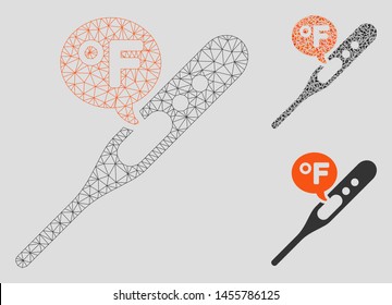 Mesh fahrenheit temperature model with triangle mosaic icon. Wire carcass polygonal mesh of fahrenheit temperature. Vector mosaic of triangle parts in various sizes, and color tones.