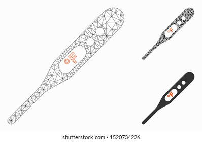 Mesh fahrenheit thermometer model with triangle mosaic icon. Wire carcass polygonal network of fahrenheit thermometer. Vector mosaic of triangle parts in variable sizes, and color tinges.