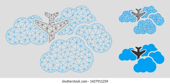 Mesh falling airplane in clouds model with triangle mosaic icon. Wire frame polygonal network of falling airplane in clouds. Vector mosaic of triangle elements in different sizes, and color tinges.