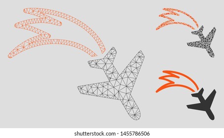 Mesh falling airplane model with triangle mosaic icon. Wire frame polygonal network of falling airplane. Vector mosaic of triangle elements in different sizes, and color tones.