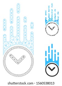 Mesh falling clock model with triangle mosaic icon. Wire carcass polygonal mesh of falling clock. Vector composition of triangle elements in variable sizes, and color tinges.