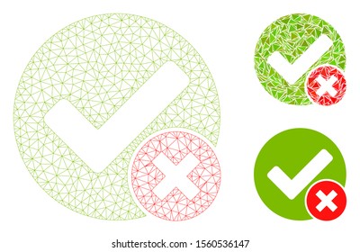 Mesh false positive model with triangle mosaic icon. Wire carcass triangular mesh of false positive. Vector mosaic of triangle elements in variable sizes, and color hues.