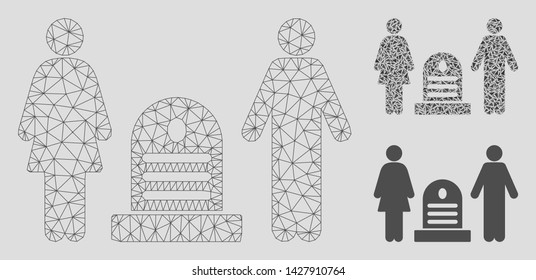 Mesh family cemetery model with triangle mosaic icon. Wire carcass polygonal network of family cemetery. Vector mosaic of triangle elements in various sizes, and color tints.